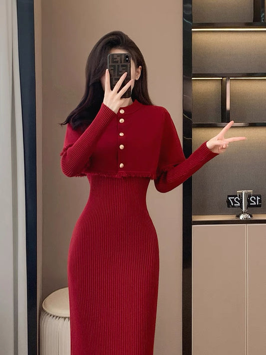 Winter new retro fashion temperament elegant and high-end goddess style two-piece long skirt shawl knitted dress