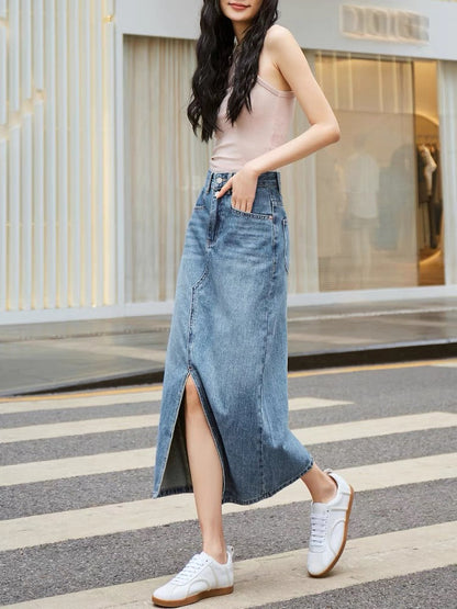 Slit denim skirt for petite women 2023 new autumn high waist design niche mid-length a-line skirt (S131)
