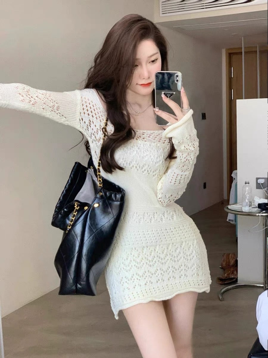Pure Desire Spice Girls White Knitted Hollow Dress Long Sleeves Slim Slim Slim Early Autumn New Waist Slim Sweater Dress