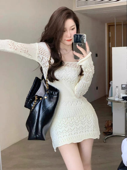 Pure Desire Spice Girls White Knitted Hollow Dress Long Sleeves Slim Slim Slim Early Autumn New Waist Slim Sweater Dress