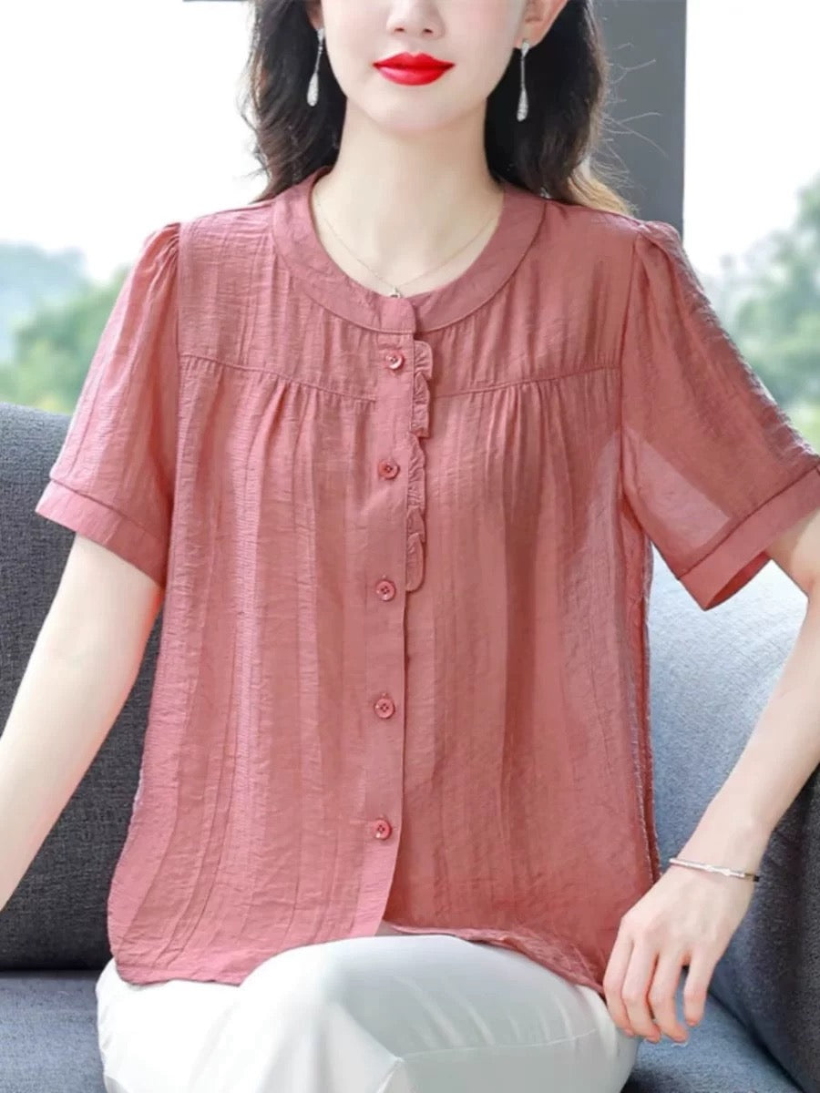 Cotton and linen shirts for women summer 2024 new style for mothers loose and slim short-sleeved tops small shirts large size shirts