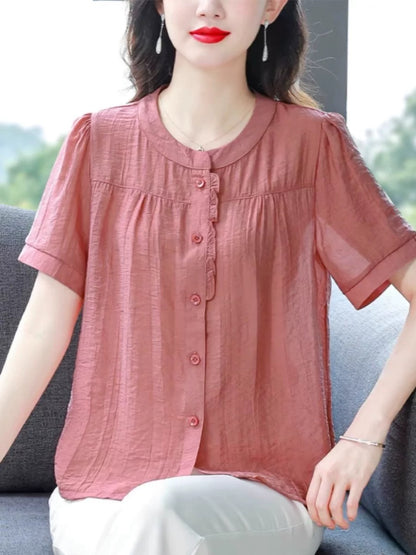 Cotton and linen shirts for women summer 2024 new style for mothers loose and slim short-sleeved tops small shirts large size shirts