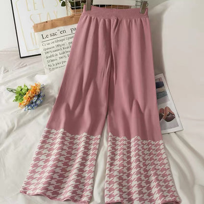 Suit women's 2023 autumn houndstooth square collar exposed collarbone single-breasted knitted jacket elastic waist slimming wide-leg pants