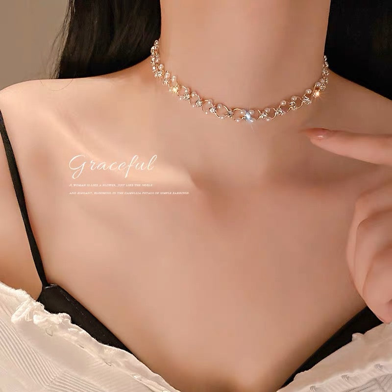 Real gold electroplating Korean fashion simple personality necklace diamond pearl necklace net red temperament design sense pendant female loop