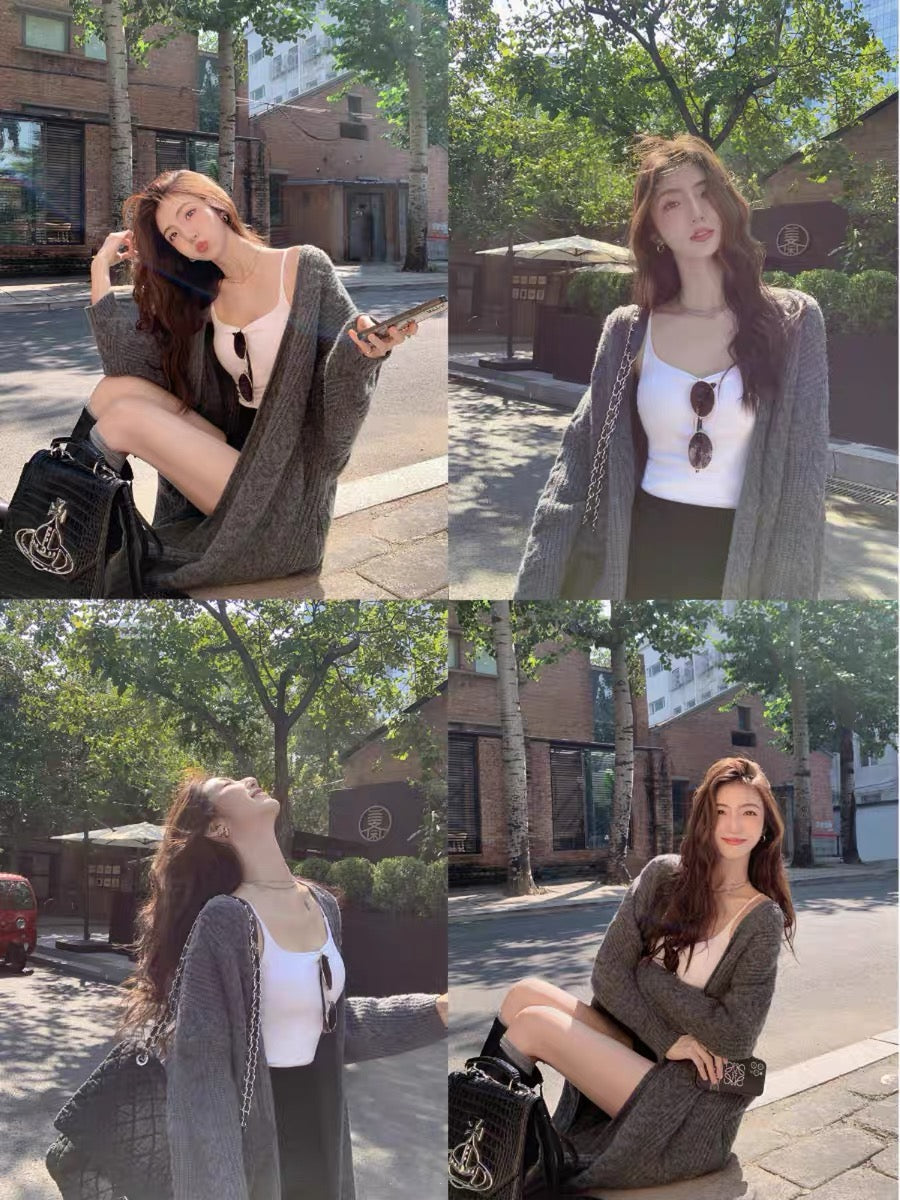 MULVAN gray long twist sweater jacket for women 2023 autumn and winter loose lazy style sweater thickened cardigan