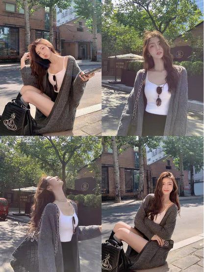 MULVAN gray long twist sweater jacket for women 2023 autumn and winter loose lazy style sweater thickened cardigan