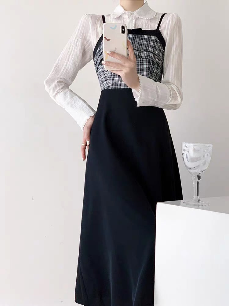 Sweet and cool college style suit skirt for women spring new style fashionable temperament gentle sweet suspender skirt two-piece set D9296