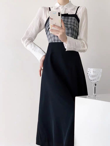 Sweet and cool college style suit skirt for women spring new style fashionable temperament gentle sweet suspender skirt two-piece set D9296