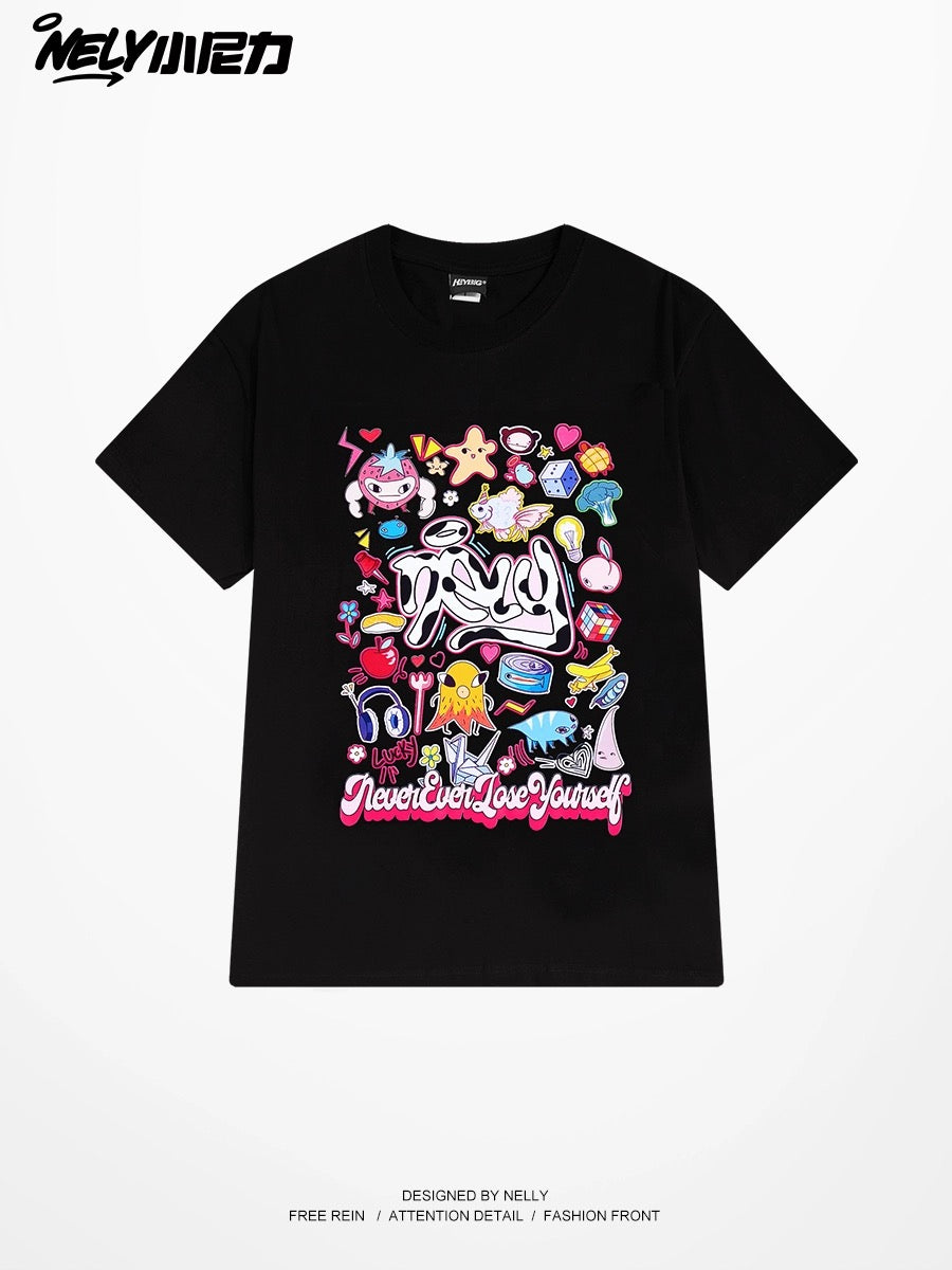 Nely Xiao Nili National Trend Summer Couples All-match Fun Colorful Graffiti Trendy Brand Short-sleeved T-shirt Top Clothes Men and Women