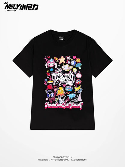 Nely Xiao Nili National Trend Summer Couples All-match Fun Colorful Graffiti Trendy Brand Short-sleeved T-shirt Top Clothes Men and Women