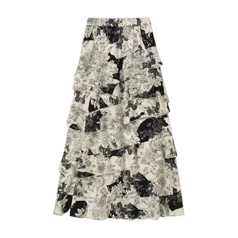 2025 early spring new ruffled floral cake skirt retro high waist slim a-line petite long skirt two-piece suit
