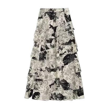2025 early spring new ruffled floral cake skirt retro high waist slim a-line petite long skirt two-piece suit