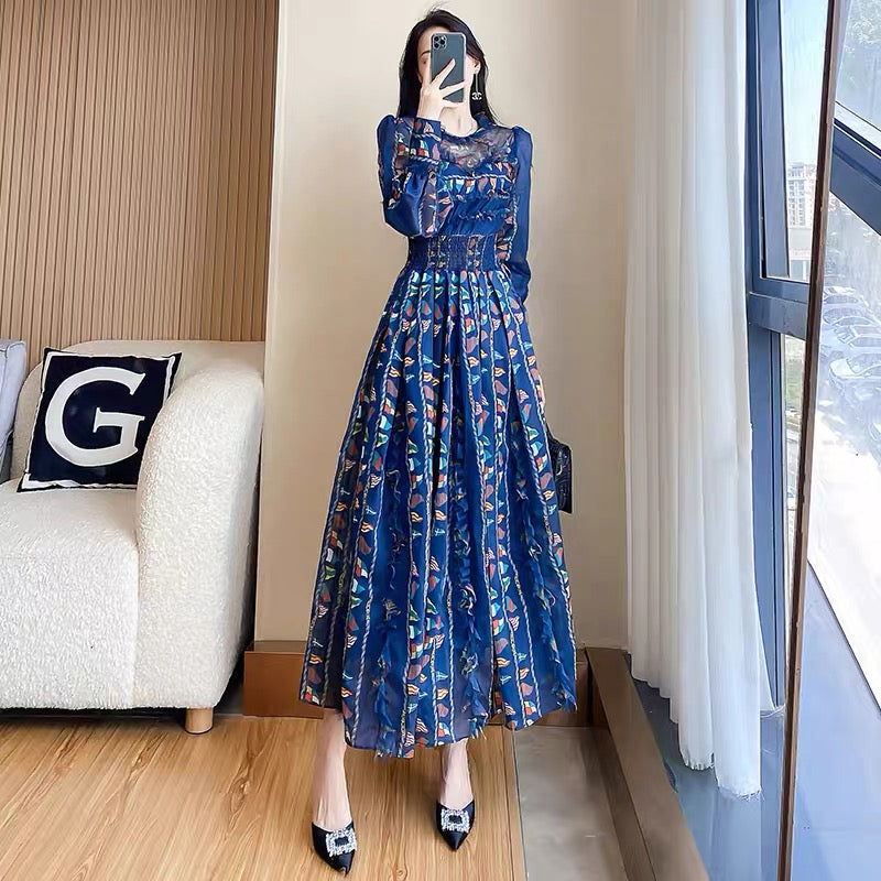 Chiffon dress autumn 2023 new fashion temperament printed high waist s – Lee Nhi Boutique