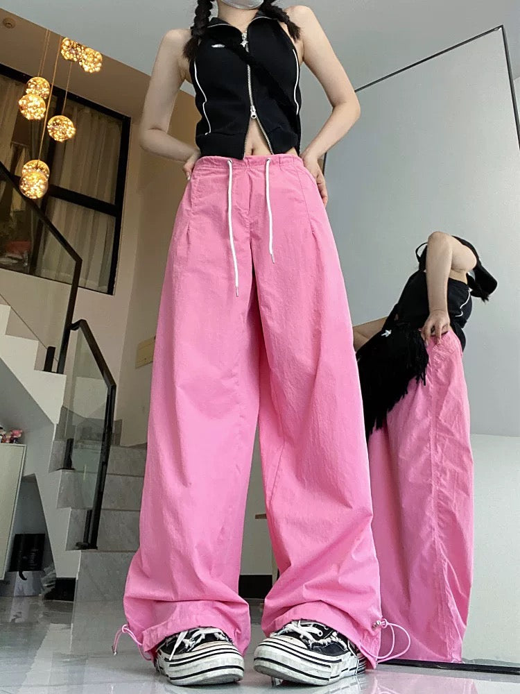 American street high-waist casual pants for women summer loose straight trousers niche embroidered leg wide leg pants ins