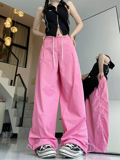 American street high-waist casual pants for women summer loose straight trousers niche embroidered leg wide leg pants ins