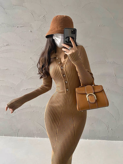 YoungGirlDay Pure Sexy Sexy Slim Lapel Long Sleeve Knitted Buttocks Fishtail Dress Long Skirt (B1810)