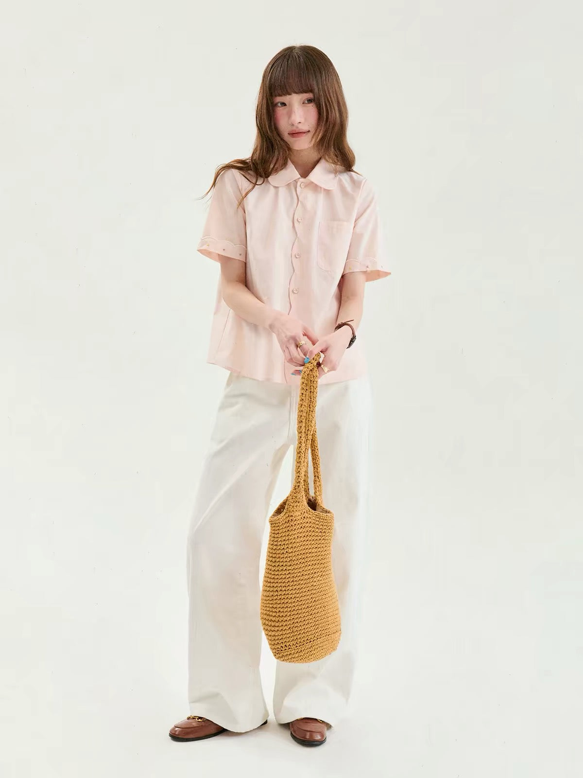 [Beidao AMUU Original] Women's Summer Short-Sleeve Cotton Shirt – Sweet Pink Top with Scalloped Edges and Single-Breasted Design