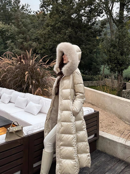 Shanxi said that champagne color large 90 white duck down long warm down jacket women's winter hooded high-end temperament coat (B1314)