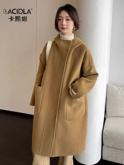 Double-sided woolen cashmere coat women's mid-length woolen coat 2023 autumn and winter new loose hooded wool coat