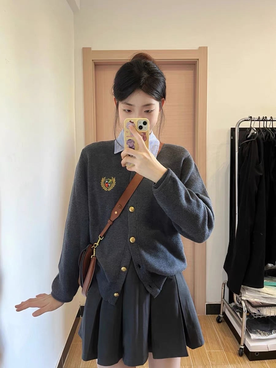 Tea style small fragrance two-piece suit autumn knitted sweater cardigan British college top skirt female small
