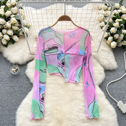 Spring and summer irregular mesh splicing color print T-shirt women's careful western style retro chic long-sleeved top