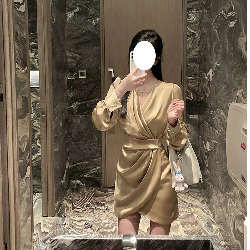 High-end French V-neck long-sleeved satin dress, spring and summer high-end ladylike temperament banquet party dress for women (V8815)