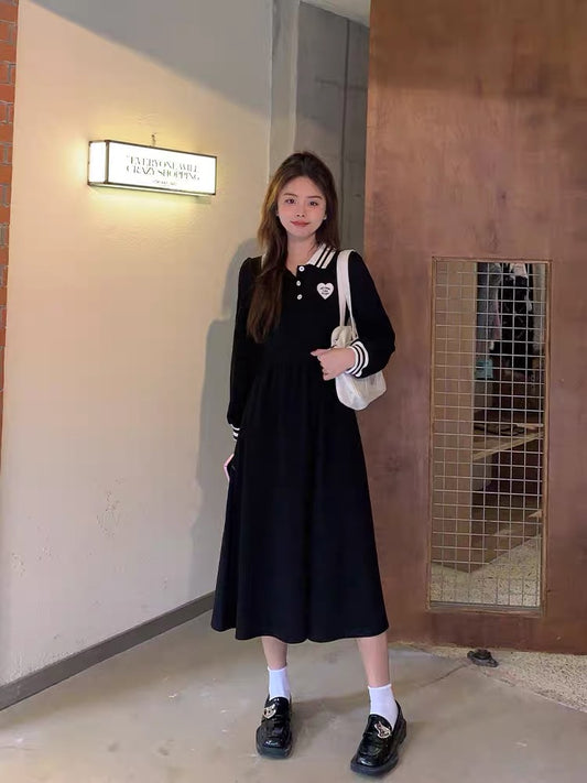 Zhang Daren plus size women's clothing fat sister mm striped polo collar little black dress age-reducing Korean sweet girl slimming dress