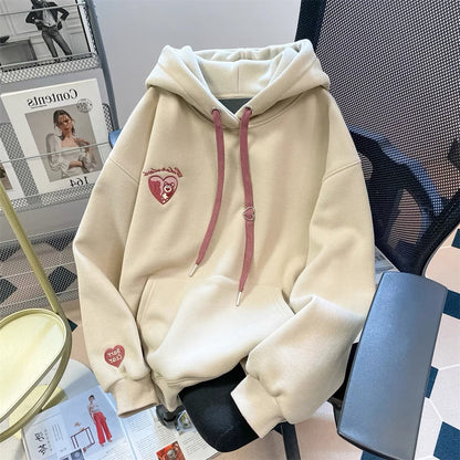 Korean lazy style sweet love bear hooded sweatshirt for men and women autumn and winter design niche plus velvet thickened top