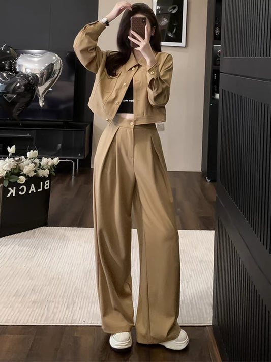 European goods 2023 spring and autumn new style acetate top women's short coat casual suit pants suit two-piece set for women