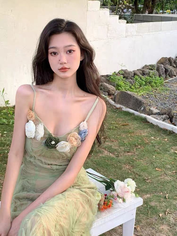 Tea break French seaside holiday suspender dress for women summer high-end sexy temperament Thai sweet hottie long skirt
