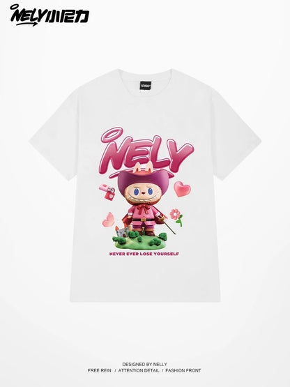 NELY American high street cartoon print short-sleeved T-shirt for men and women loose hip-hop casual couple T-shirt ins