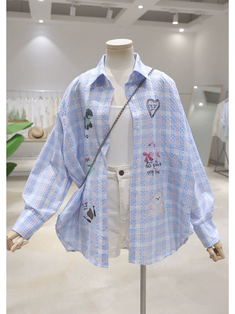 Skin-colored breathable cartoon pattern printing 2024 summer loose medium-length over-hip plaid long-sleeved shirt for women