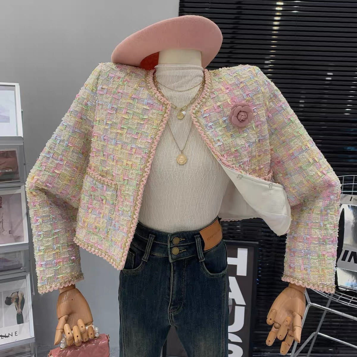 French plaid pink girly style ladylike high-end three-dimensional flower design plaid long-sleeved jacket T7971