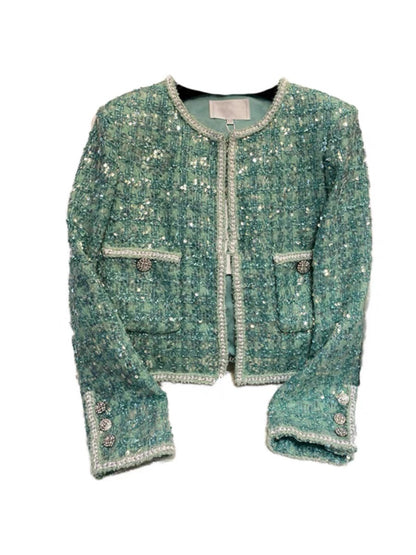2023 New French high-end street green small fragrant jacket for women in spring and autumn slim short top