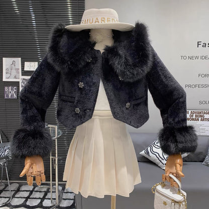 French luxury, elegant and high-end imitation mink fur large lapel warm and fashionable short long-sleeved coat for women