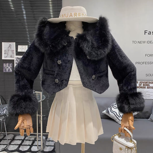 French luxury, elegant and high-end imitation mink fur large lapel warm and fashionable short long-sleeved coat for women