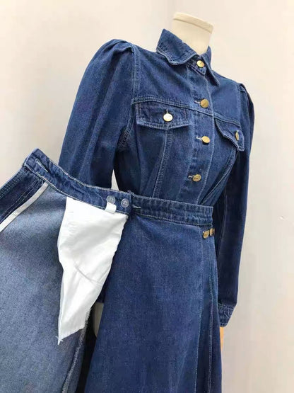 Miser Sheep 2023 New Hong Kong Style High Quality Loose Denim Shirt + Irregular Long Skirt A-Line Skirt Suit