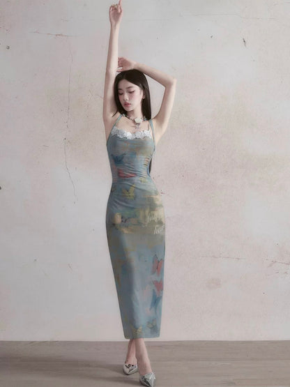 [Same style as Jiang Yiyi] Fragile Shop Butterfly Dream Oil Painting Printed Suspender Skirt Vacation Slim Dress