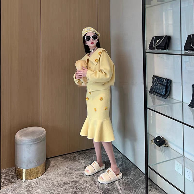 Cream woolen coat, cashmere double-sided woolen suit, fishtail skirt suit, light luxury dress, women's autumn and winter clothing