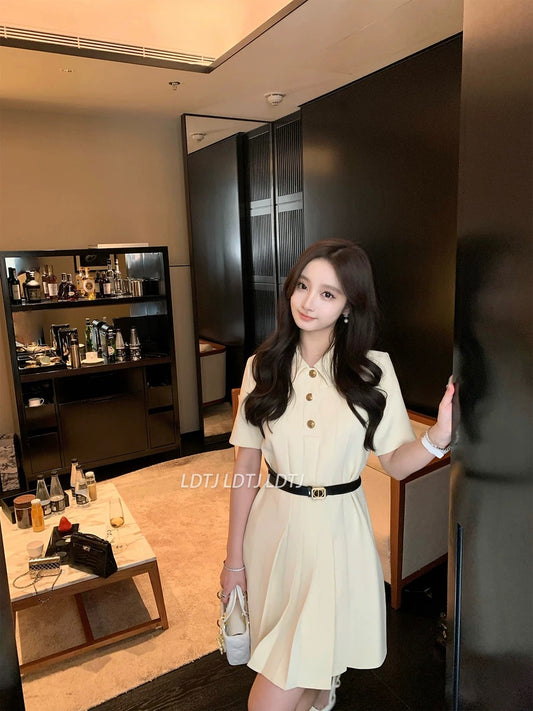 LDTJ Haute Couture 23 Autumn and Winter New Temperament Sweet Commuting Girl Waist Pleated Belt Lapel Dress