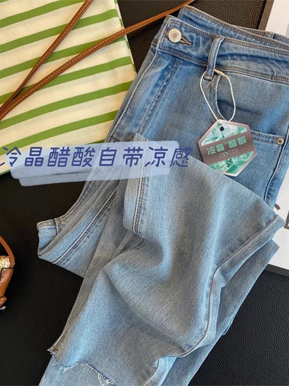 Summer nano ultra-thin ice silk straight jeans for women 2025 new small ladies nine-point cigarette pants