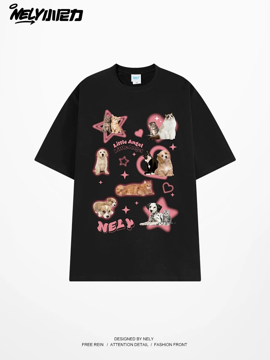 American cartoon cat print round neck short sleeve men and women summer 2025 couple pure cotton t-shirt half sleeve bottoming shirt trend
