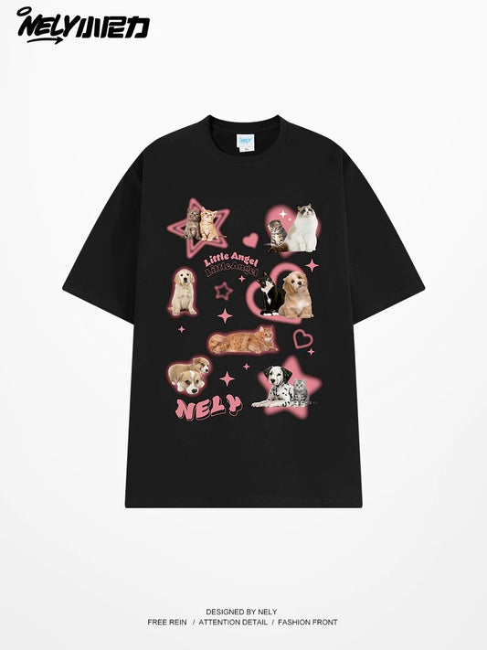 American cartoon cat print round neck short sleeve men and women summer 2025 couple pure cotton t-shirt half sleeve bottoming shirt trend