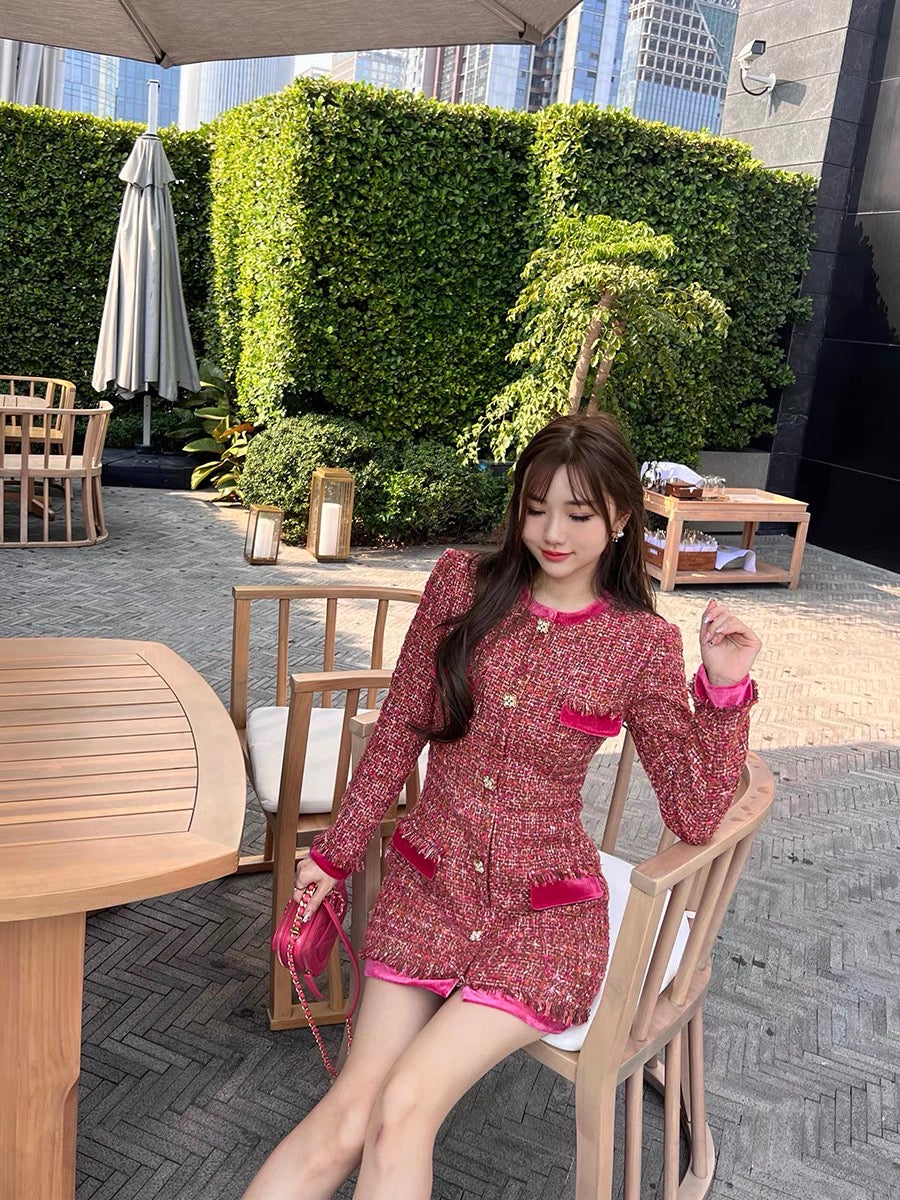 Ningfu Xinxin original design peach pink sweetheart small fragrant tweed velvet waist slimming dress D372