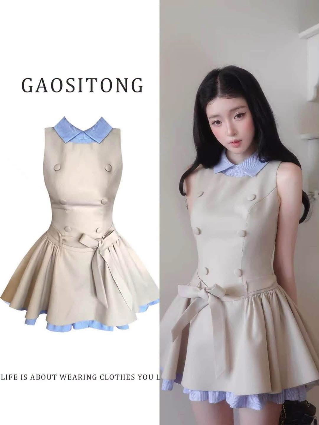 GAOSITONG Women's Summer Double-Breasted A-Line Dress – "French Heiress" Style, Faux-Layered Design with Striped Color-Blocking