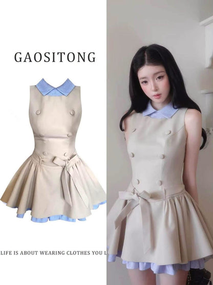 GAOSITONG Women's Summer Double-Breasted A-Line Dress – "French Heiress" Style, Faux-Layered Design with Striped Color-Blocking