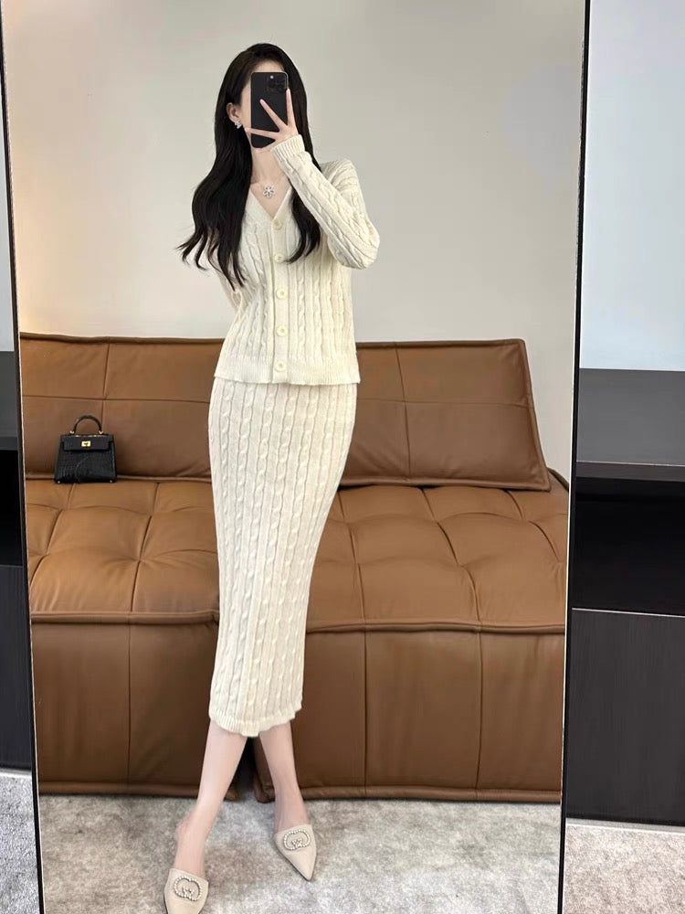 Dignified and elegant women's suit 2023 autumn and winter new Korean style ladylike mid-length knitted skirt two-piece set (S5556)
