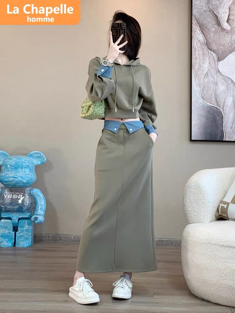 La Chapelle casual sports suit skirt women's autumn 2023 new hooded sweatshirt design skirt two-piece set
