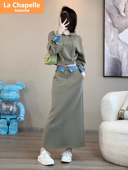 La Chapelle casual sports suit skirt women's autumn 2023 new hooded sweatshirt design skirt two-piece set