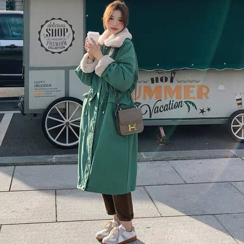 Mid-length parka women's winter 2023 new Korean version loose thickened cotton jacket plus velvet waist cotton jacket trendy